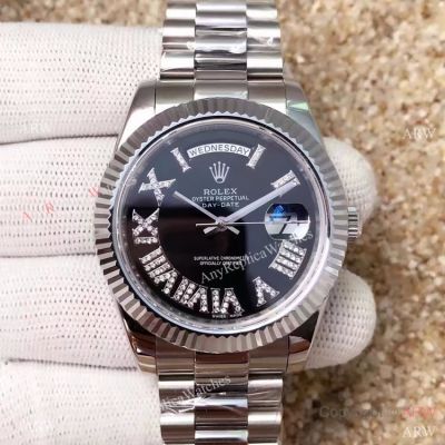 High Quality Copy Rolex Day-Date II 40MM Watch Black Diamond Roman Face